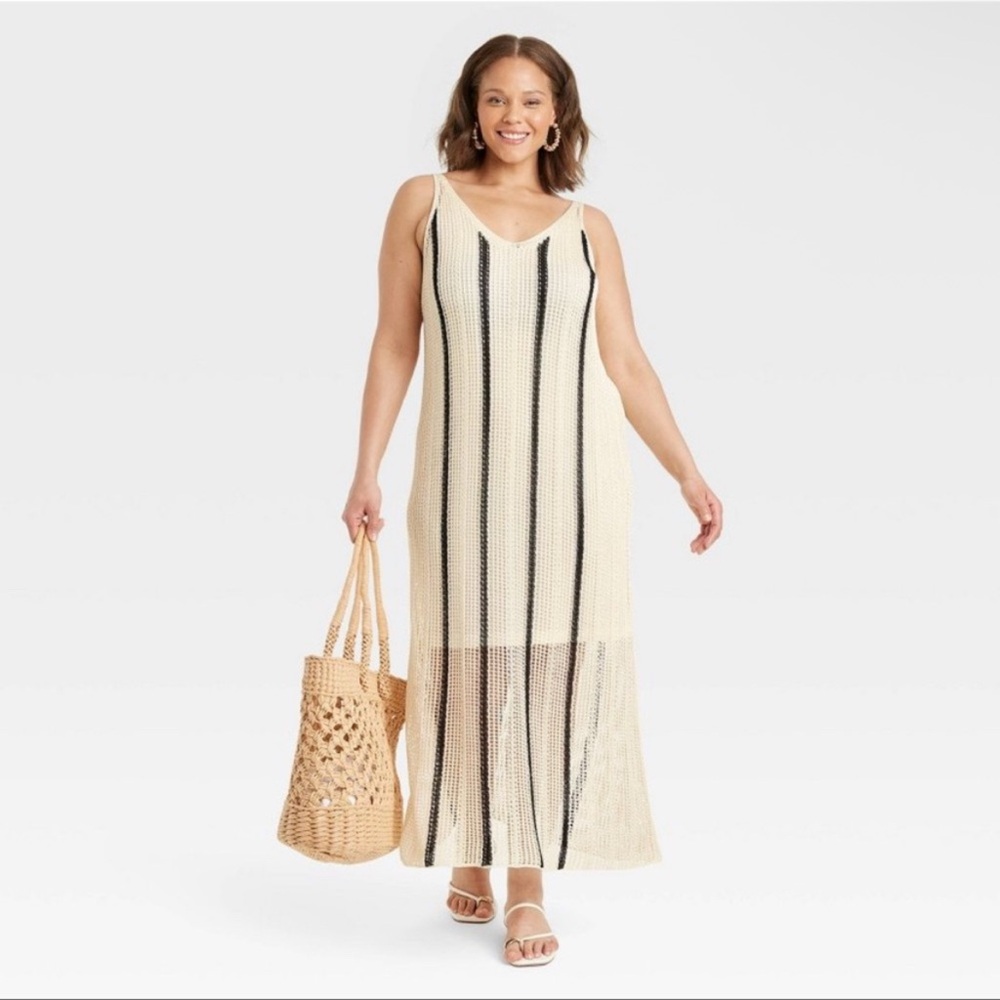 NWT Women's Open Work Maxi Sundress - A New Day Cream/Black Striped